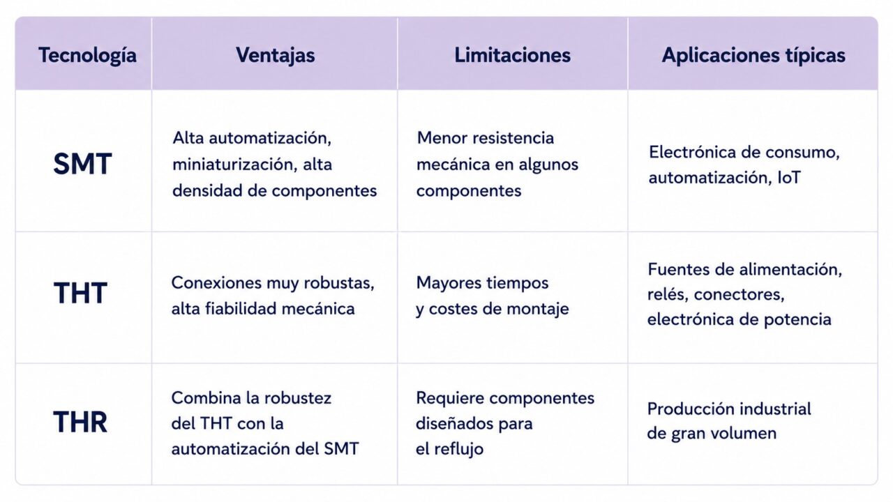 Tabla comparativa entre las tecnologías SMT, THT y THR con ventajas, limitaciones y aplicaciones típicas en el ensamblaje de PCB.